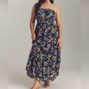 Somerset Strapless Maxi Dress Anthropologie Pockets Elastic Waist Blue Floral  M
